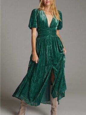 Anthropologie Emerald Green Velvet V-Neck Maxi Dress